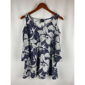 Coco Bianco Size S Floral Cold Shoulder Blue White Sequins Stretch Spandex Top